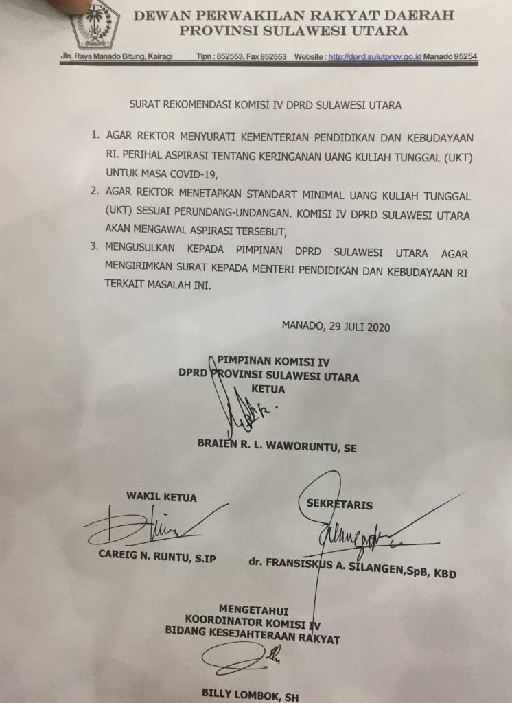 surat rekomendasi komisi 4 dprd sulut